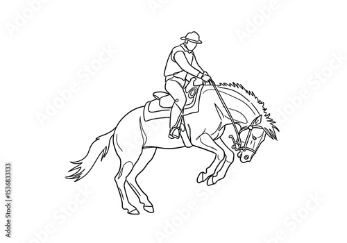 Bronc rider drawing. It is a black and white outline image of a bronc rider, depicting a cowboy riding a bucking horse in a dynamic rodeo scene. Vector sketch line art draw.