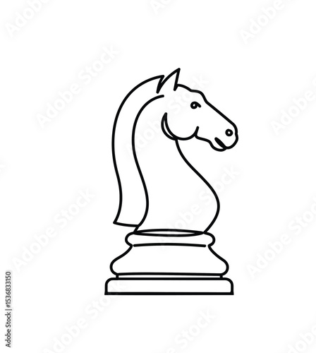 Chess horse drawing. It is a black and white outline image of a chess knight piece, representing the horse in the classic board game of strategy. Vector sketch line art draw.