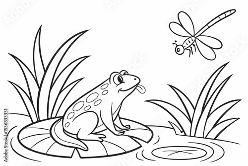coloring page for kids, a chubby frog sitting on a large lily pad, trying to catch a dragonfly with its long tongue, simple pond scene, thick outlines, black and white