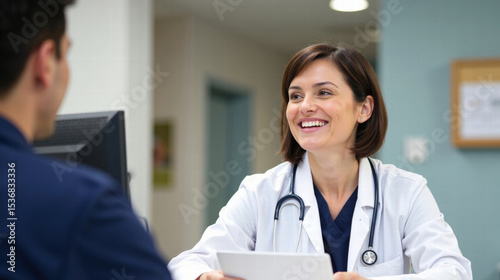 Smiling Female Doctor Consulting Patient, Healthcare Consultation, Medical Advice, Digital Tablet, Doctor Patient Interaction, Modern Clinic Setting, Website Banner, Brochure Design