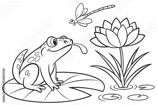 coloring page for kids, a chubby frog sitting on a large lily pad, trying to catch a dragonfly with its long tongue, simple pond scene, thick outlines, black and white