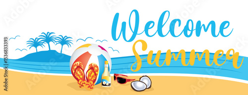 Colorful welcome summer banner. Beach theme. Vector hand drawn illustration.