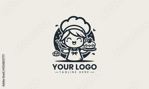Cute cartoon girl happily baking while holding cake and sweet dessert on plate in cheerful kitchen scene vector logo illustration