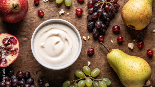 Natural yoghurt with autumn fruits- pomegranate, grapes and pears on a wooden background