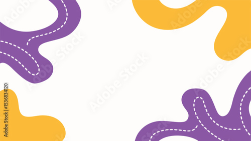 Abstract background with purple and yellow organic shapes and dashed lines on a white canvas design