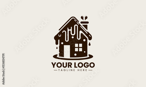 Stylized cute little brown house with white trim and small windows vector logo illustration design