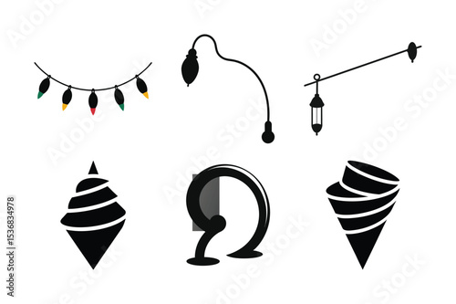 Whimsical Outdoor Decor A Collection of Unique Lighting Fixtures and Abstract Geometric Shapes Against a Clean White Background