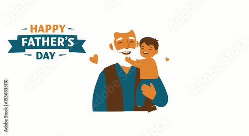 Cartoon illustration of a grandfather holding his grandson in a loving embrace with a "HAPPY FATHER'S DAY" banner and hearts.