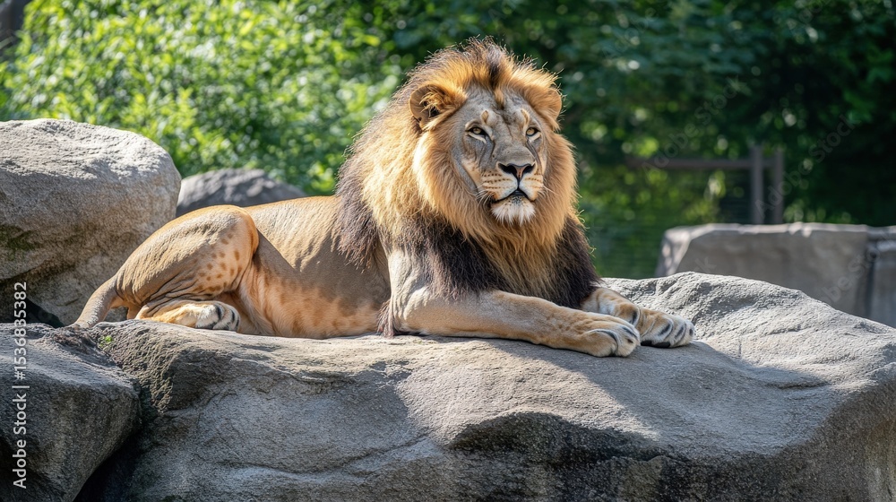 Obraz premium A Majestic Lion Reclines Calmly Upon A Stone In Sunlight