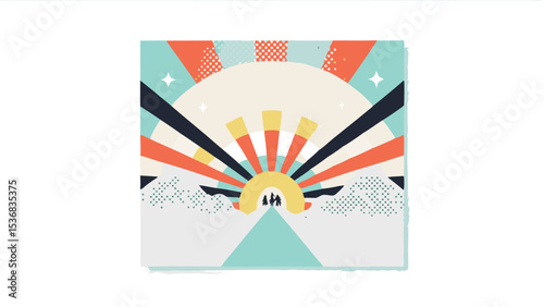 Abstract illustration of people walking towards a bright sun with colorful rays and geometric shapes