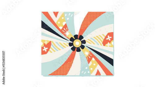 Illustration of a flower with radiating colorful shapes and patterns in a square format design