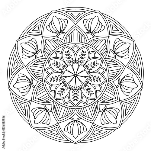 Intricate Mandala Coloring Page - Beautiful Mandala Design for Adult Coloring Books - Detailed Mandala Pattern with Floral Elements for Stress Relief and Meditation