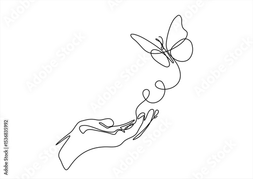 One continuous line drawing of hand holding butterfly. Beautiful flying moth for wellbeing beauty or spa salon logo in simple linear style. Hand drawn one line vector. Editable stroke	