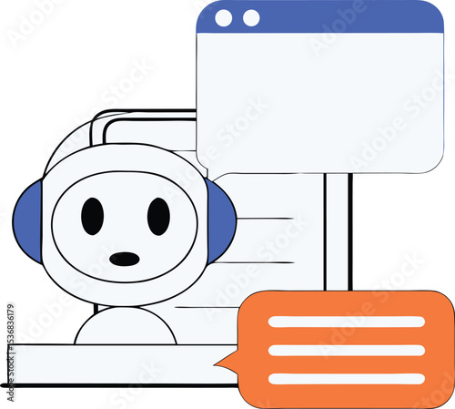 Chatbot interface illustration with speech bubbles and website mockup on white