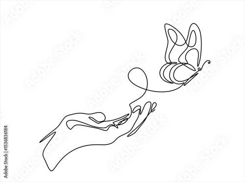 One continuous line drawing of hand holding butterfly. Beautiful flying moth for wellbeing beauty or spa salon logo in simple linear style. Hand drawn one line vector. Editable stroke	