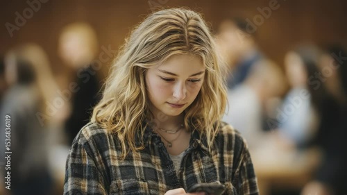 Wallpaper Mural Teenage Girl Looking at Mobile Phone in Crowded Indoor Location Torontodigital.ca