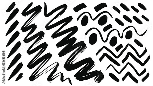 Black painted strokes and shapes on a white background in an abstract arrangement design style