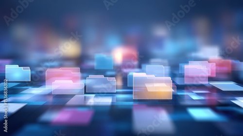 Abstract network grid with files and folders, futuristic software interface, digital document management system, store, search and organize documents, corporate business, paperless office	
