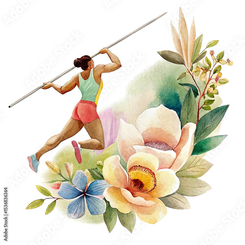 vintage female pole vaulter jumping above pastel flowers for print or sports-themed collage