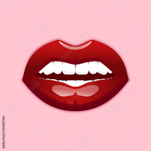 Slightly open female mouth with glossy red lipstick. Woman red lips and teeth. Vector illustration
