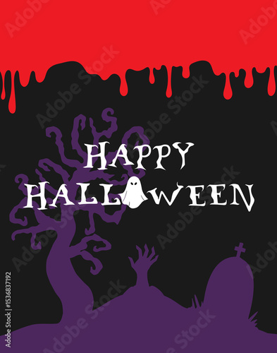 Halloween greeting card with a flowing blood and silhouette of a zombie hand. Living dead rises from the grave. Vector illustration