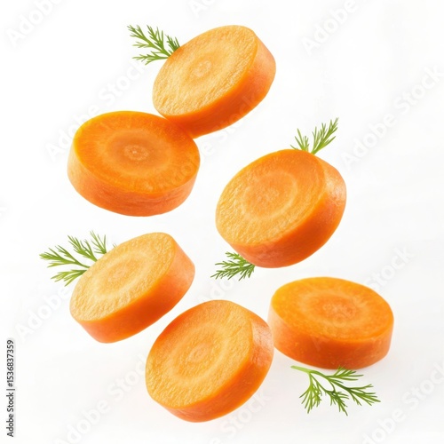 Fresh orange carrot slices falling isolated on white background