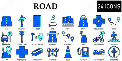 Set of road Icons or symbols Vector fully editable file.