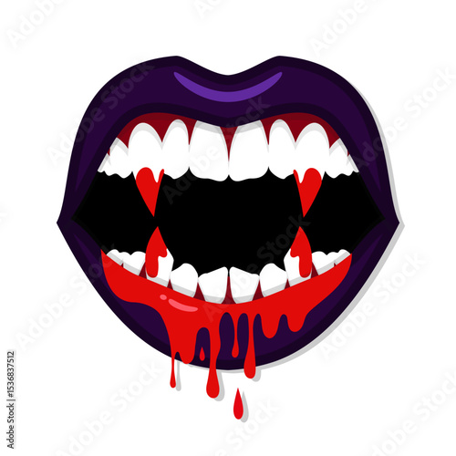 Vampire female open mouth with long bloody fangs and dripping blood. Monster woman evil lips with blood. Vector illustration
