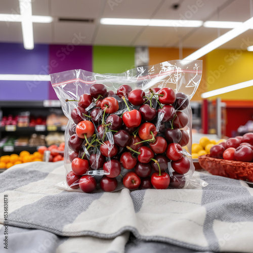 Fresh cherries in clear plastic bag on display in supermarket  