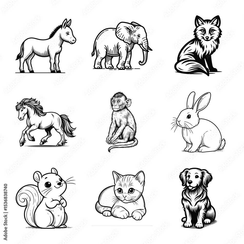 Obraz premium Different types of animal bundle vector illustration isolated on a white background