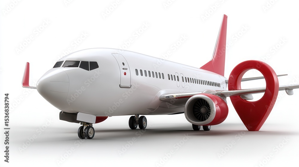 Fototapeta premium White airplane with red accents parked next to large red location pin symbolizing travel destination and navigation, conveying sense of adventure and exploration