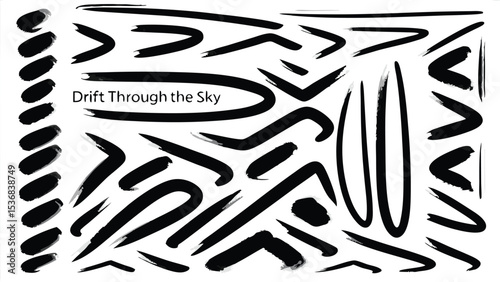 Collection of black brush strokes and lines in various shapes and orientations on a white background scene