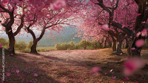 A serene path through blooming cherry blossom trees with petals gently falling and covering the ground in a peaceful, picturesque springtime scene.