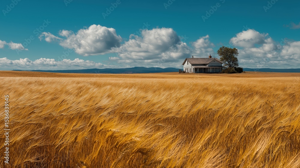 Fototapeta premium A vast golden wheat field under a blue sky with fluffy clouds, featuring a solitary farmhouse and a tree near the horizon.