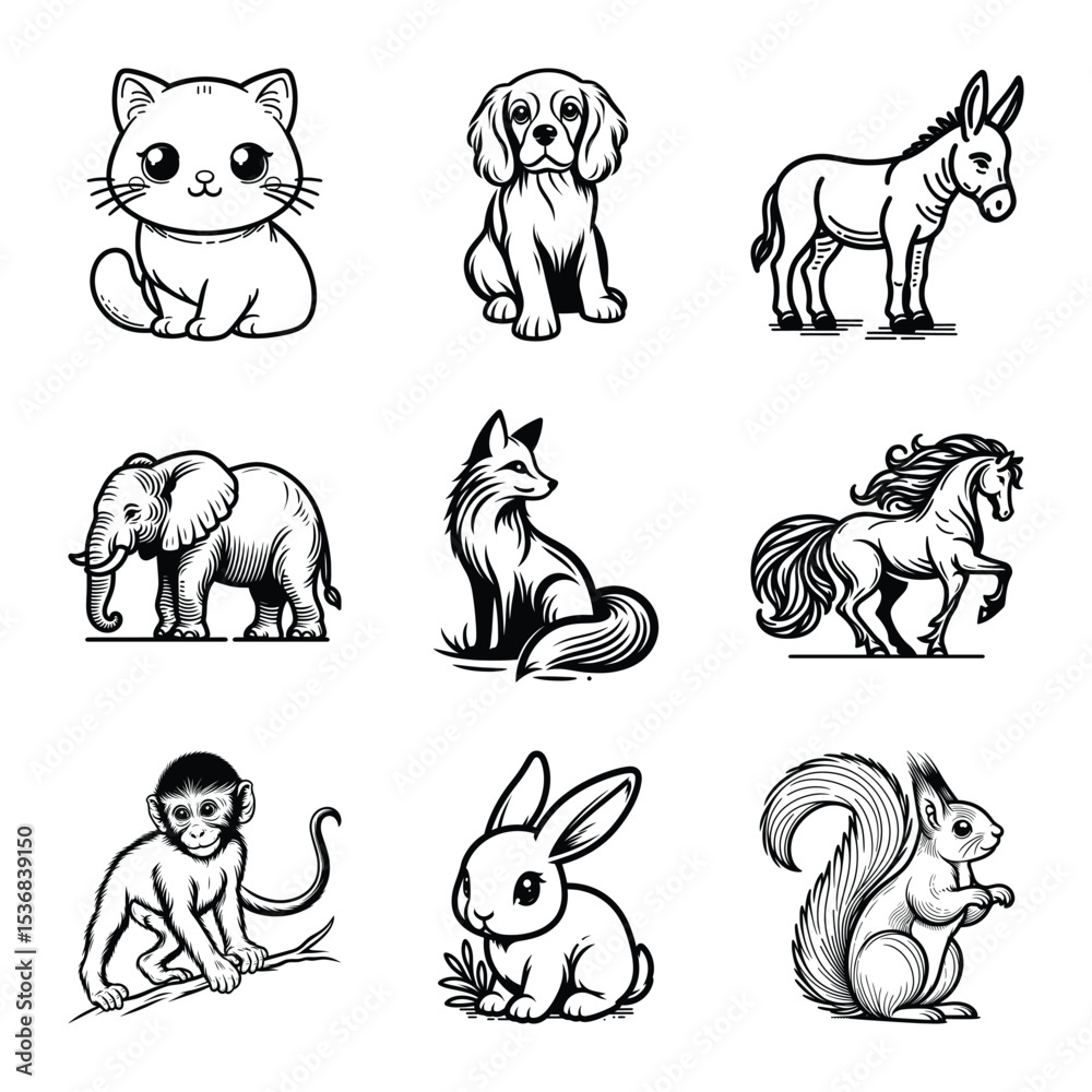 Obraz premium Different types of animal bundle vector illustration isolated on a white background