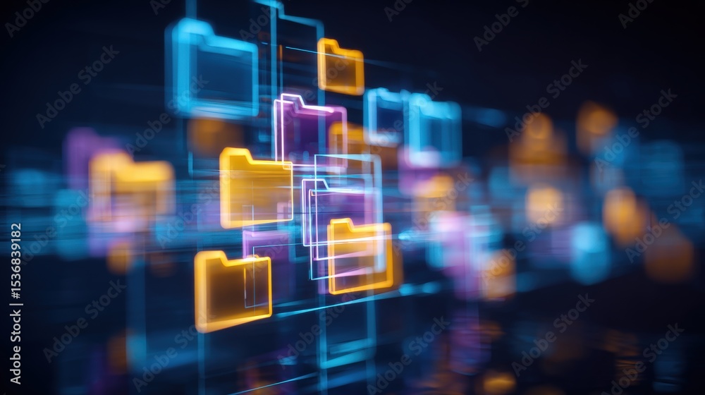 Fototapeta premium Abstract network grid with files and folders, futuristic software interface, digital document management system, store, search and organize documents, corporate business, paperless office 