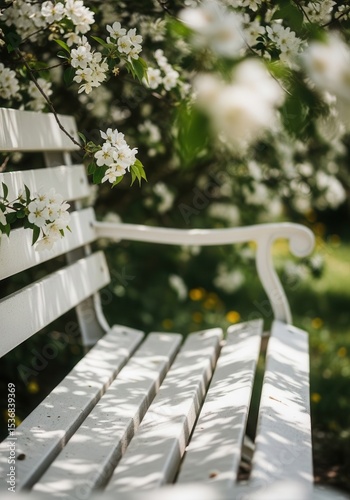 White bench blooming tree in sunlit garden