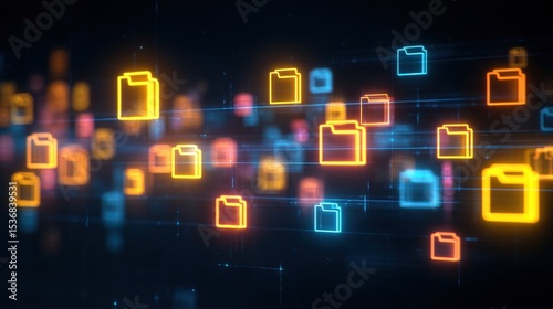 Abstract network grid with files and folders, futuristic software interface, digital document management system, store, search and organize documents, corporate business, paperless office	
