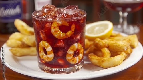 Refreshing summer drink with shrimp and chips, an unusual combination close up shot