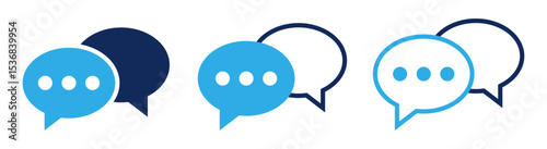 Chat icon set, blue speech bubble with dots, Message conversation symbol. Flat communication icon, dialog balloon graphic vector illustration.