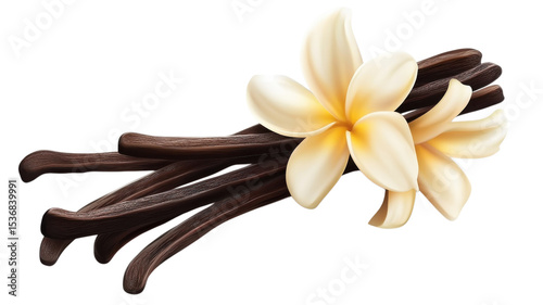 Beautiful vanilla flower with aromatic pods displayed elegantly against a pristine background, showcasing the allure of nature's sweetness and fragrance in full bloom.