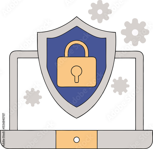 Cybersecurity protection shield design with padlock and laptop representation