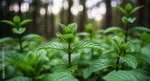 Mint leaves in serene setting with soft light