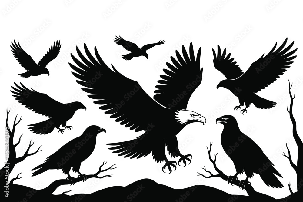 Obraz premium Eagle silhouette vector illustration with flying and perched bald eagles art