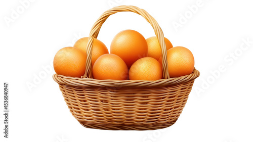 Delightful harvest of fresh oranges in a rustic woven basket, capturing the essence of a sunny afternoon in a vibrant orchard.