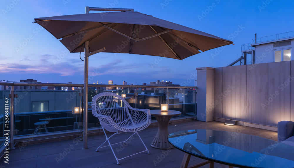 Fototapeta premium Outdoor terrace with patio umbrella and seating at dusk 