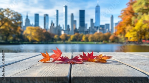 Autumn leaves on a wooden surface with a city view.