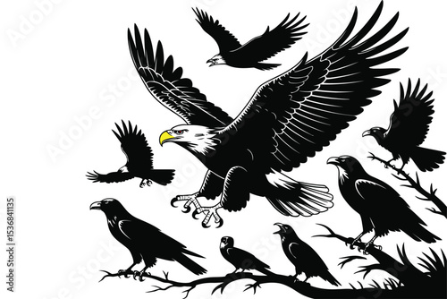 Eagle and raven black and white illustration vector art wildlife design image
