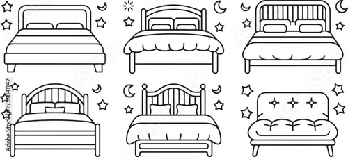 Six line art drawings of beds and a sofa