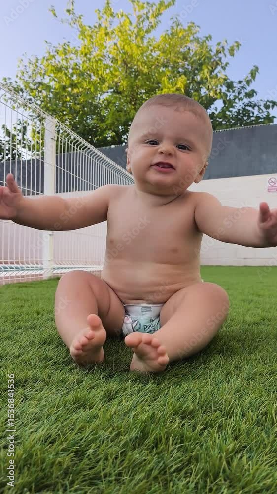 Niño gracioso gateando arrastrando el culo por el césped artificial